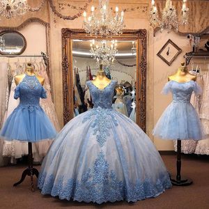 Light Sky Blue Ball Gown Quinceanera Dresses 2021 Cap Sleeve V-neck Floral Lace Tulle Sweet 16 Dress 15 Girls Party Graduation Gowns Women