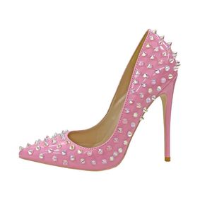 Fashion Pink Patent Leather Stiletto High Heels Shoes Sexig Rivet Party Brud Wedding 12cm Pointed Thin Heel