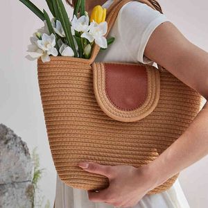 Shoppingkassar Mode Kvinnor Sommar Haw Stor Tote Beach Casual Shoulder Handväska Handgjord Vävd korg Förvaring 2022 Ny 220303