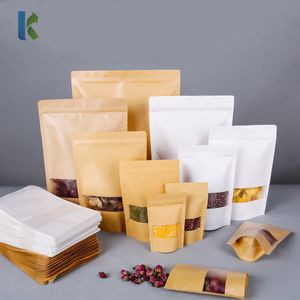 Kraft Paper Bag Foods Fukt Barrier Bagss ZiPlock Tätning påse Mat Förpackning Väskor Återanvändbar Plast Front Transparent Stand Up Bagsr