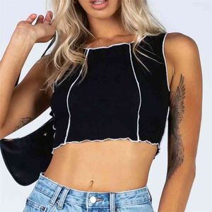 Kvinnor sommar stickade randiga blusar skjortor toppar ärmlös hög elasticitet o-neck smal kvinnlig mode street short top blusas 210513