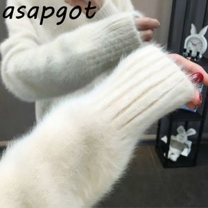 Minimalismus Mohair Mode Weiß Hälfte Rollkragen Plus Größe Winter Pullover Chic Koreanische Lose Outwear Strickwaren Tops Pull Solide 210429