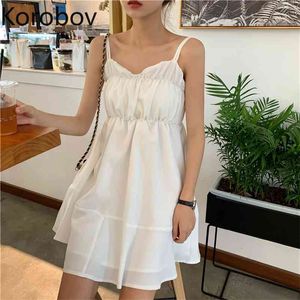 Korobov New Arrival Summer Women Spaghetti Strap Dress Sweet Ruffles V Neck Dresses Korean High Waist A-Line Vestidos 210430