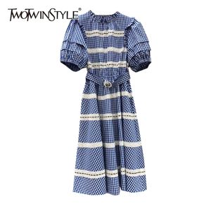 Plaid Patchwork Lace Dress for Women Stand Collar Puff Sleeve Hög midja Elegant Hit Färg Klänningar Kvinna Fashion 210520