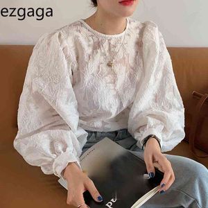 Ezgaga Elegancka bluzka Kobiety Koreański Chic Wiosna Przetarki Kwiat Design Latarnia Rękaw Rękaw Panie Koszule Moda Topy 210430