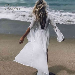 Sommar kvinnor strand långärmad sexig transparent vit spets se genom maxi tunika klänning 210415
