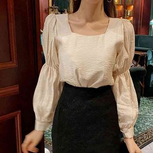 Korean Fashion Puff Long Sleeve Blouses Women Shirts Temperament Square Collar Woman Tops Sweet Blusas Mujer 210514