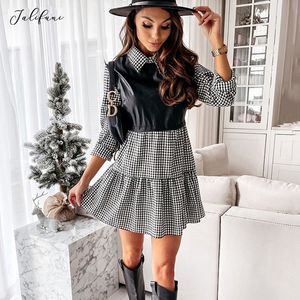 Casual Office PU Faux Leather Black Shirt Dress Patchwork Chic Fashion Spring Autumn A-line Ruched Dresses Women Clothing 210415