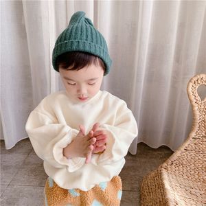 Höst baby flickor tunna fleece knoppar ärm lös sweatshirts solida färg casual långa fleeces 210508