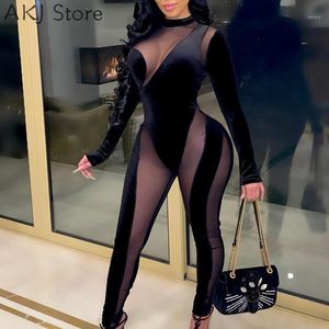 High Quality Black Hollow Out Mesh Jumpsuits Long Sleeve Jumpsuit Club Overalls One Piece Women's & Rompers