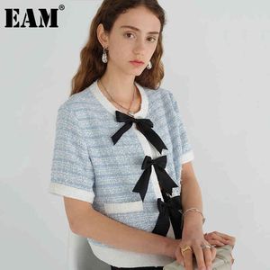 [Eam] Stickning Cardigan Blue Bow Slim Sweater Loose Fit Rund Neck Kortärmad Kvinnor Mode Vår Sommar 1DD6875 21512