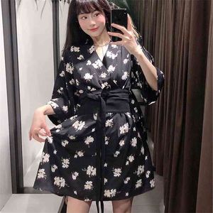 Women Summer Kimono Wrap Mini Dress Vintage Loose V-Neck Sashes Bow Tie Female Elegant Fashion Street Print Dresses Vestido 210513