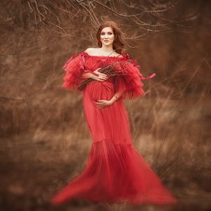 Puffy långa röda ärmar balklänningar ruffles mantel tulle tiered aftonklänning plus storlek festrockar fotografering vestidos s
