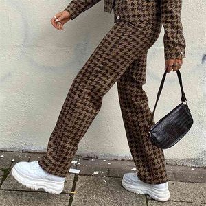 Brun Houndstooth Print Vintage Y2K Pants Fashion Women High Waisted Plaid Sweatpants Harajuku Long Trousers Capris 210510