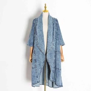 Trenchcoats kvinnors mode kläder höst trend damer lång denim jacka chic casual light blue windbreaker 210510