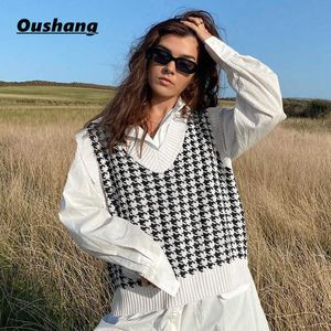 2020 Women Houndstooth Vest Sweater Casual V Neck SleevelAutumn Winter Jumper Knitted Korean Style Pullover Loose Tops X0721