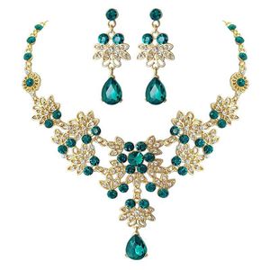 Brincos Colar Greencrystal Bridal Floral Wave Teardrop Jewelry Set para mulheres R7RF