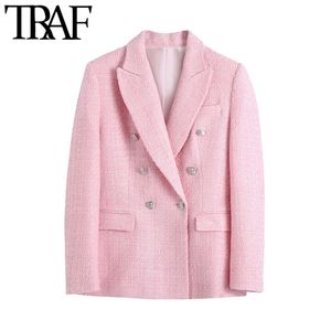 TRAF Kadınlar Moda Kruvaze Tüvit Blazer Coat Vintage Uzun Kollu Cepler Kadın Giyim Şık Veste Femme 211122