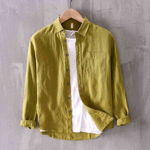 Yeni Tasarımcı Katı Keten Marka Gömlek Erkekler Moda Erkekler için Rahat Yeşil Gömlek Saf Keten Camisa Masculina Chemise H1210 Tops