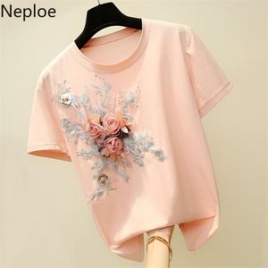 NEPLOE Plus Size T-shirt för kvinnor Koreanska modebroderi Lace Flower Femme Toppar O Neck Loose Graphic Tee Sommar Tshirt 210623