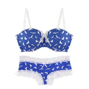 BHs Sets MiaoErSiDai Sexy Mädchen BH Set Flying Bird Blau bedruckte Unterwäsche Spitze Bralette und Slip gepolstert haben kleine Größe 28-36 A-DDD