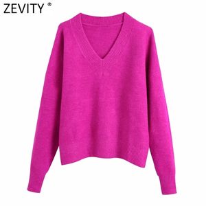 Zevity Frauen Einfach V-ausschnitt Soft Touch Casual Lila Stricken Pullover Weibliche Chic Grundlegende Langarm Pullover Marke Tops SW901 211018