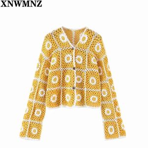 Kvinnor Vit Solros Handgjorda Crochet Knit Cardigan Girls Yellow Sweet Hollow Långärmad Button-Up Sweater Topp 210520