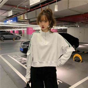 婦人春秋トップス韓国風スタンドアップカラージッパーパッチワークスウェットシャツ緩い長袖シャツGX805 210507