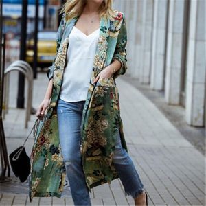 Kvinnor Floral Blue 2021 Fashion Long Bluses Plus Size Flower Print Shirts Sleeve Shawl Cover Up Cardigan Women's