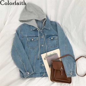 Colorfaith Winter Spring Women Denim Jeans Jacket OuterWear Hooded High Street Fashionable Koreanska Style Toppar JK8303 211014