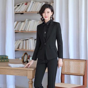 女性のスーツのズボンツーピースの作業服夏の女性のプロの着用カジュアルスリムブラックジャケットエレガントなズボン210527