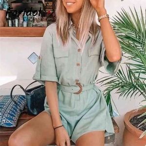 Army Green Wide Leg Rompers Overaller Sommarknapp Upp Sash Cotton Beach Casual Playsuits Slå ner Krage 210427