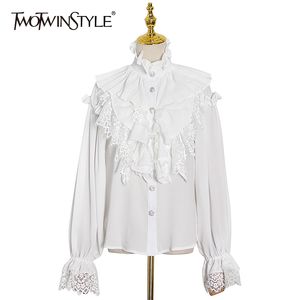 TWOTWINSTYLE White Patchwork Ruffle Lace Blouse For Women Stand Collar Flare Sleeve Vintage Shirt Female Fashion Clothing 210517