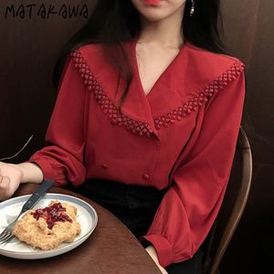 Matakawa Francuski Retro Damskie Top Jesień Tassel Ruffles V-Neck Kobiety Bluzki Long Lampion Rękaw Turn-Down Koszulki Kołnierzowe 210513