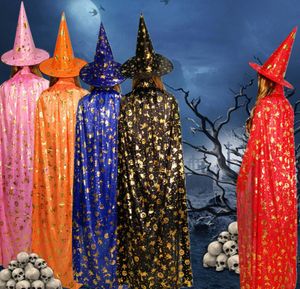 Halloween Wizard Cape Witch Long Clock Hat Costume Cosplay Party Props For Kids Children Teen Adults Black Pink Red Purple Orange Blue