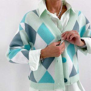 Women Color Block Argyle Plaid Sweaters Fashion V-Neck Long Sleeve Knitted Cardigan Sweater Autumn Sweet Ladies Knitwear Coat 210928