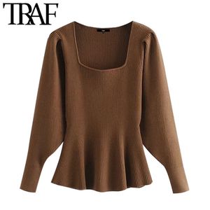Kvinnor Mode Flared Hem Stickad Sweater Vintage Square Collar Puff Sleeve Kvinna Pullovers Chic Toppar 210507