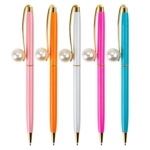 Assorted colors metallic white big pearl decorative pen wedding guests lady gifts promotional smooth slim ball pens with large pearls