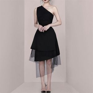 민소매 비대칭 여성 파티 드레스 섹시 한 숄더 하이 웨이브 러프 미디 드레스 여성 패션 여름 210520