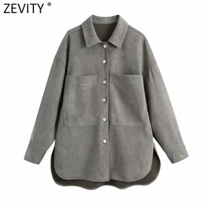 Kobiety Vintage Big Parkets Patch Suede Smock Bluzka Biuro Panie Pojedyncze Koszulki Biznesowe Chic Blusas Topy LS7439 210416