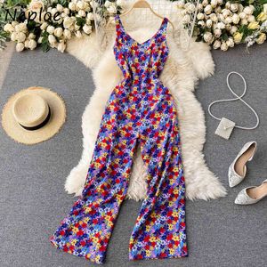 Neploe Vintage Impressão Bohemian Holiday Jumpsuits Mulheres Cintura Alta Cintura Largo Pé Playsuits V Neck Sem Mangas Camis Bodysuits Verão 210423