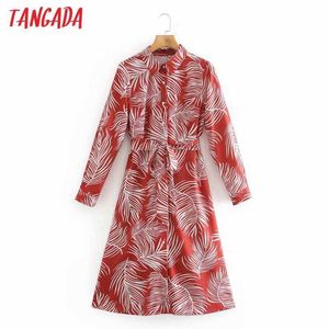 Tangadaファッション女性の葉のプリントのシャツのドレス春到着長袖レディースオフィスレディースミディドレスxn226 210609