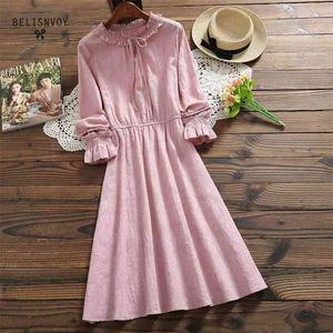 Mori Girl Blue Pink Vintage Sukienka Wiosna Jesieni Kobiety Z Długim Rękawem Bawełniany Linen Lace-Up Eleganckie Vestidos Kobiet Żakardów Dresses 210520