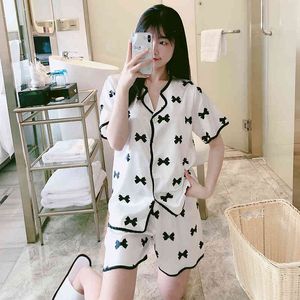 Sleepwear Women For Summer 2 Pcs Nightwear Satin Silk Cool Bow Print Women's Sleep Home Suit Sweet Short-sleeved Pajamas Woman X0526