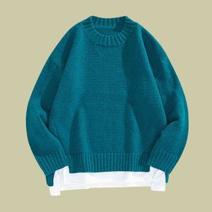 Homens sólidos de malha outono outono casual quente espessa suéter solto homem japonês estilo nervbed hem inverno roupas 210524