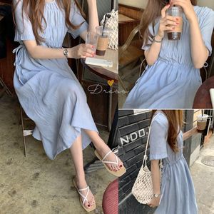 しわ夏の女性のコットンの麻のカジュアル半袖ドレス女性のドレスoネックソリッドブルーBoho Robe Femme 210417