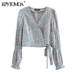 京都女性のファッション花柄プリントラップクロップされたブラウスパフスリーブサイドの弓縛られた女性のシャツBlusasシックなトップス210420