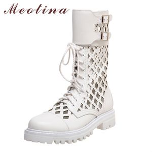 Meotina Buckle Real Leather Platform Flat Mid Calf Stövlar Kvinnor Skor Zip Lace Up Cutouts Motorcykel Stövlar Lady Höst Vit 40 210520