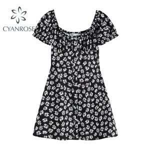 Women's Beach Summer Crop Dress Floral Print Square Collar French Mori Girl Mini Vestidos Mujer Short Sleeve A-Line Dresses 210515