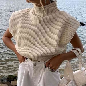 Dziana Turtleneck Sweter Bez Rękawów Swetry Swetry Kobiety Ramię Padł żebrowane Zimowe Kobiety Ubrania Chic Casual Topy 210415